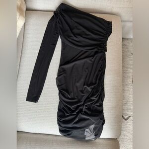 Commense Black Asymmetrical Ruched Bodycon Dress, XS